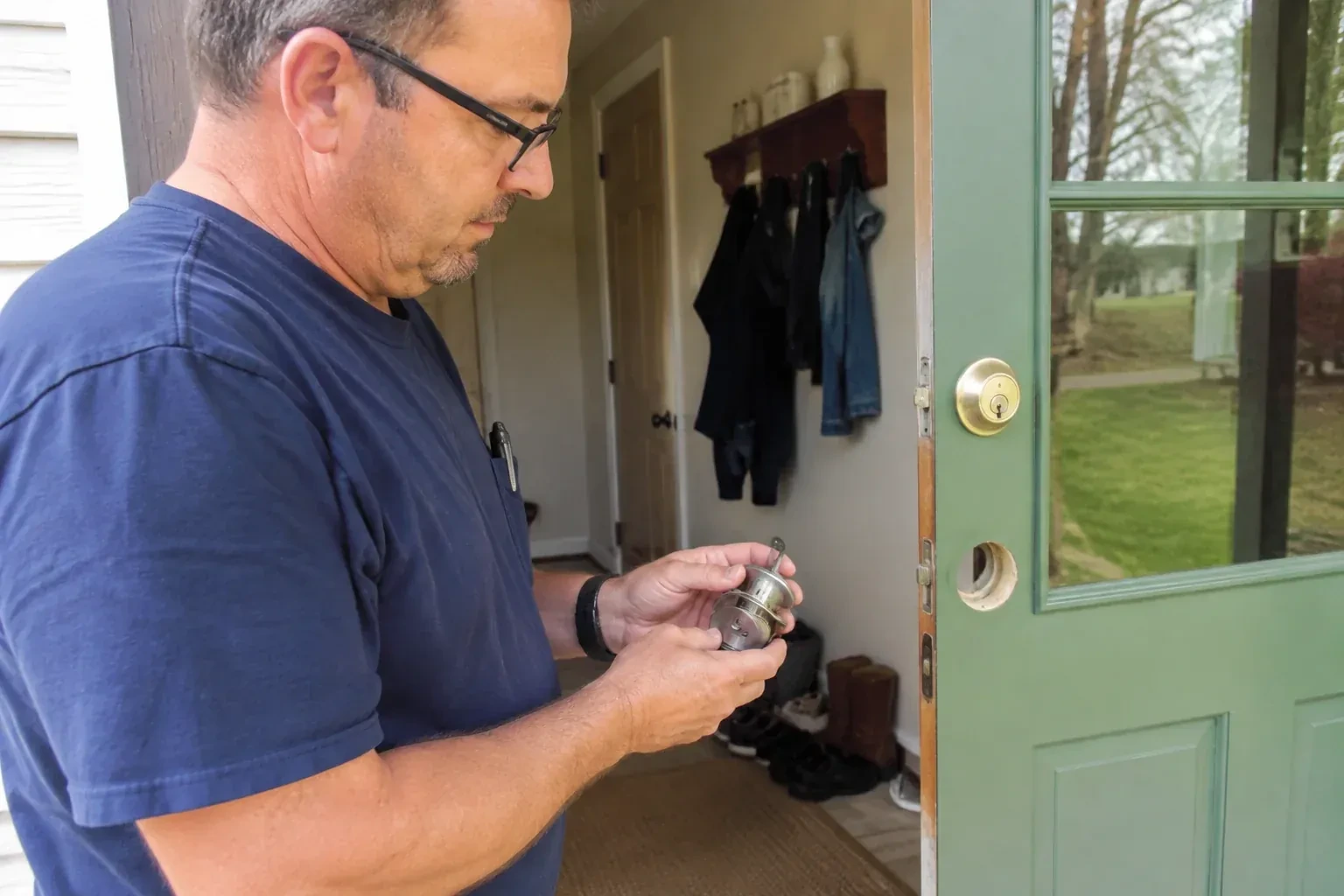 Person holding a cylindrical door-lock assembly beside an open green glazed door with its lower lock opening exposed. — Seized & Jammed Lock Opening, Georgina