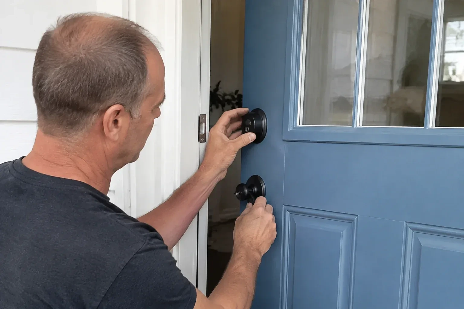 Person holding the black deadbolt and doorknob of a partly open blue front door. — Deadbolt Installation, Georgina