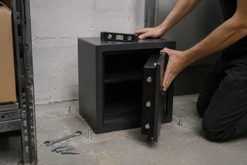 Person kneeling beside an open black safe with a spirit level on top and loose bolts and a wrench on the concrete floor. — Safe Installation & Servicing, Georgina