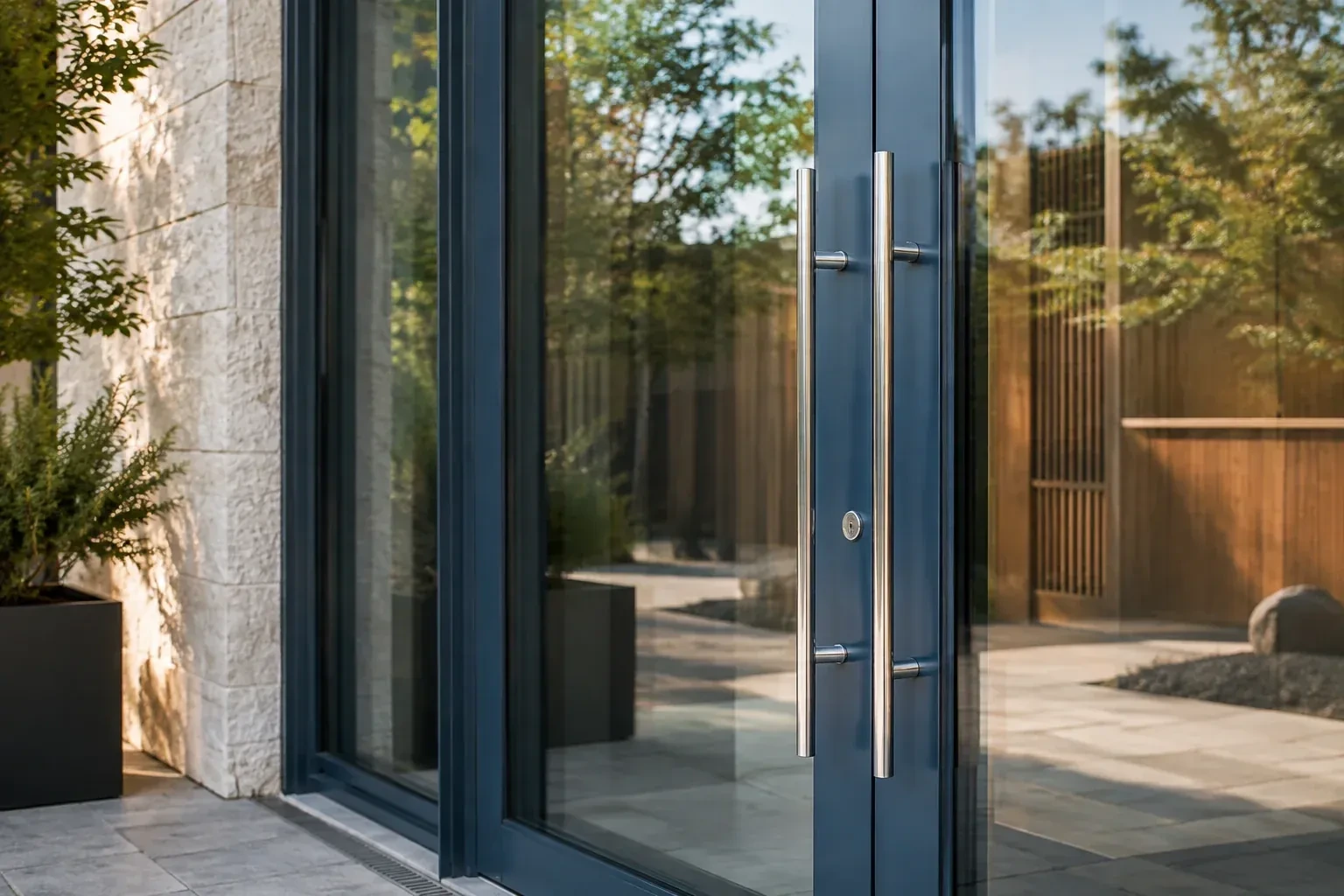 Dark-framed glass entrance doors with long silver-colored vertical pull handles and a round keyhole. — Business Lockout Service, Georgina
