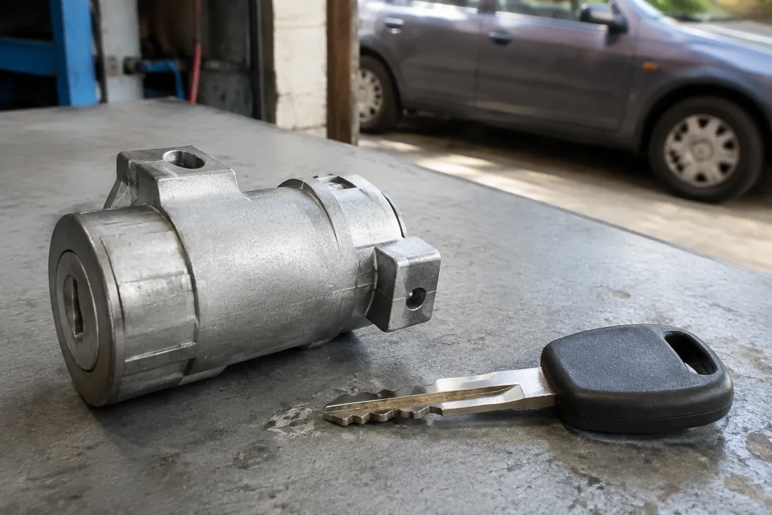 Detached cylindrical lock housing and black-headed key on an automotive workbench. — Ignition Lock Repair, Georgina
