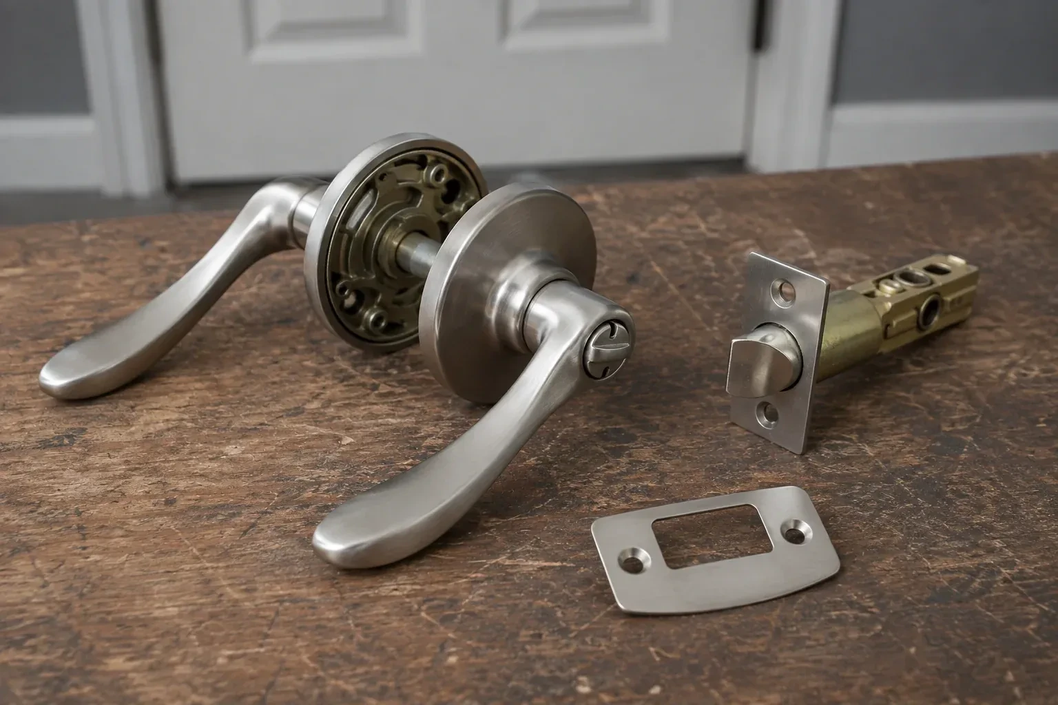Detached satin-nickel lever hardware, tubular latch and strike plate on a wooden workbench. — Lock Replacement & Upgrade, Georgina