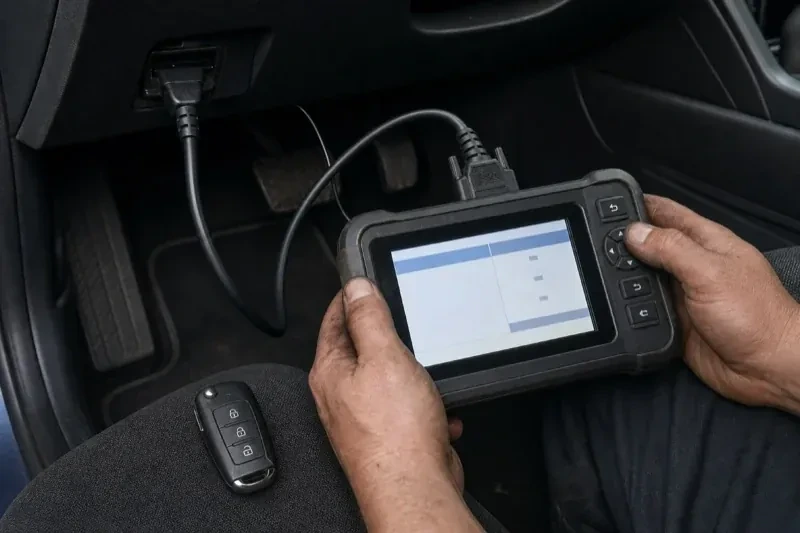 Hands holding a diagnostic tablet connected beneath a car dashboard, with a key fob resting on the person’s leg. — Key Fob Programming, Georgina