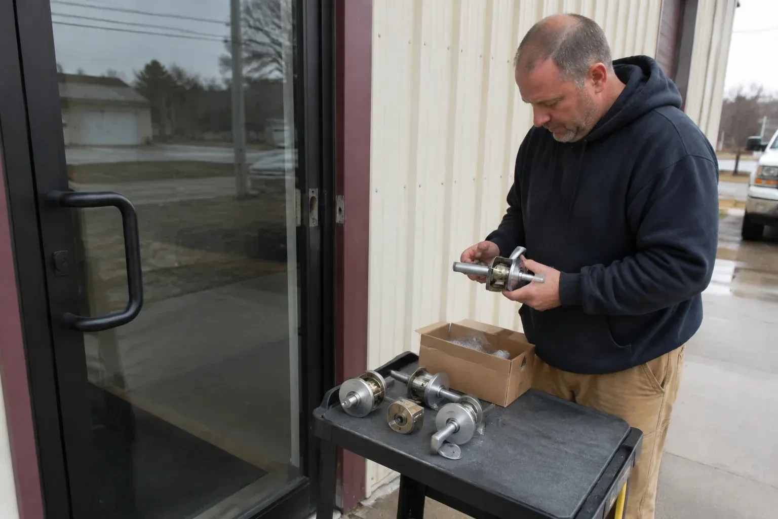 Person holding a door-handle assembly beside a glazed entrance, with more handle and lock components on a cart. — Commercial-Grade Lock Replacement, Georgina