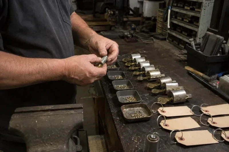 Person handling a lock cylinder at a workbench lined with cylinders, keys, small pin trays and blank key tags. — Commercial Rekeying, Georgina