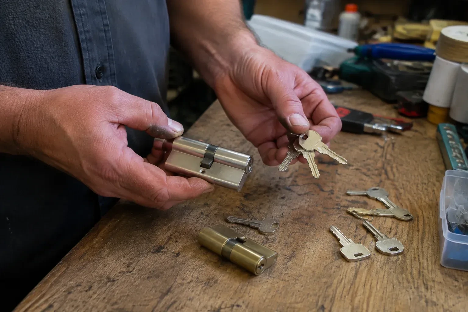 Hands holding a lock cylinder and a ring of keys above a worn workbench with another cylinder and loose keys. — Lock Rekeying, Georgina