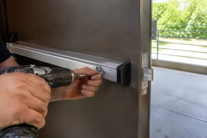 Hands using a power driver at the end of a horizontal push bar on an open metal door. — Panic & Exit Hardware, Georgina