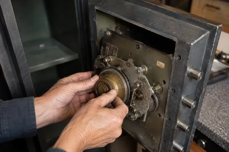 Hands holding a round metal component against the exposed mechanism inside an open safe door. — Safe Opening & Combination Change, Georgina