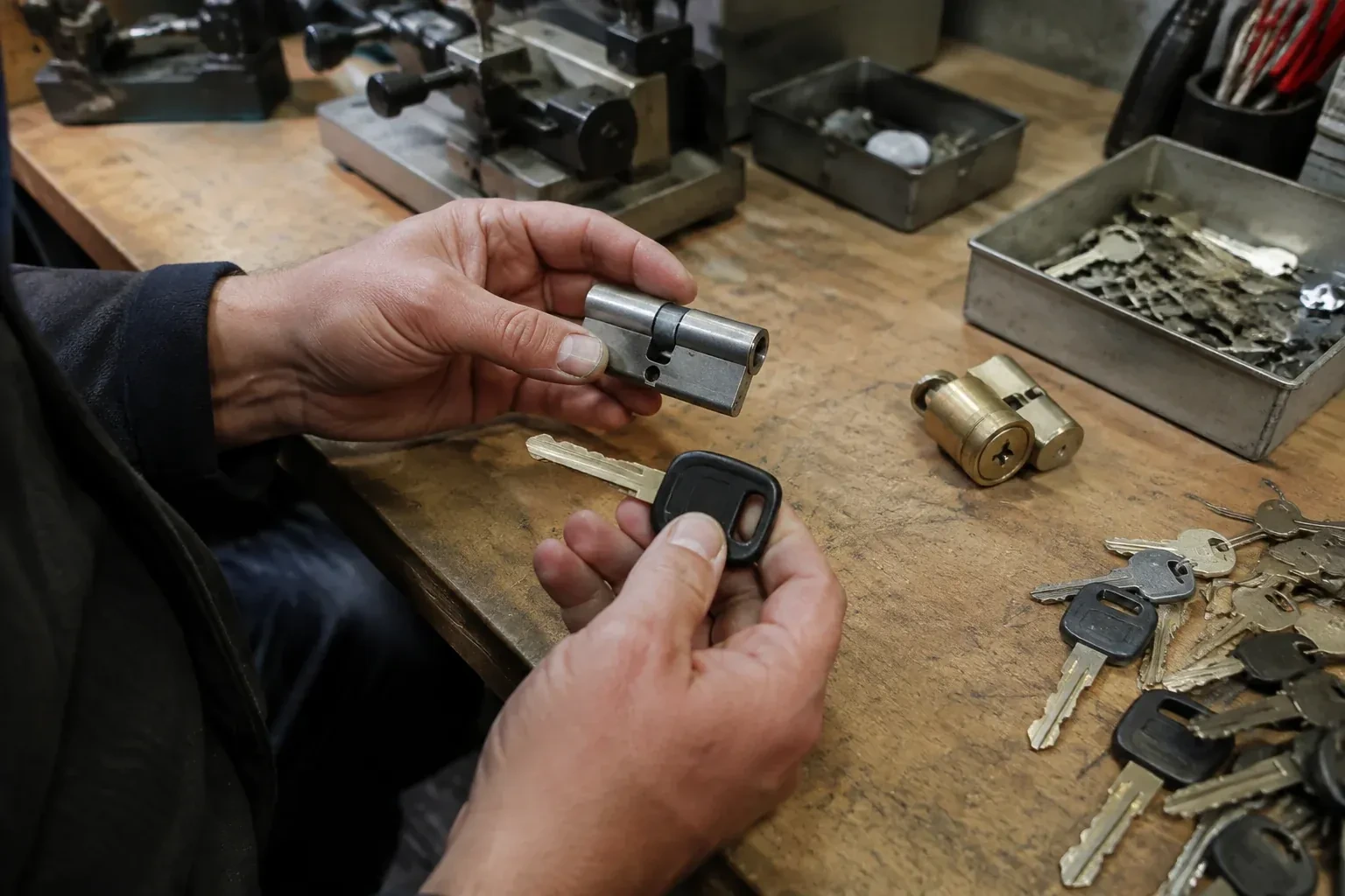 Hands holding a silver-colored lock cylinder and a black-headed key above a workbench with loose keys and another cylinder. — Spare Car Key Duplication, Georgina