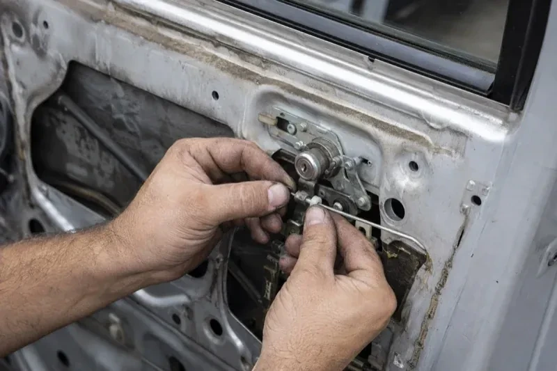Hands holding a small linkage beside an exposed car-door lock mechanism with the interior trim removed. — Vehicle Lock Repair, Georgina