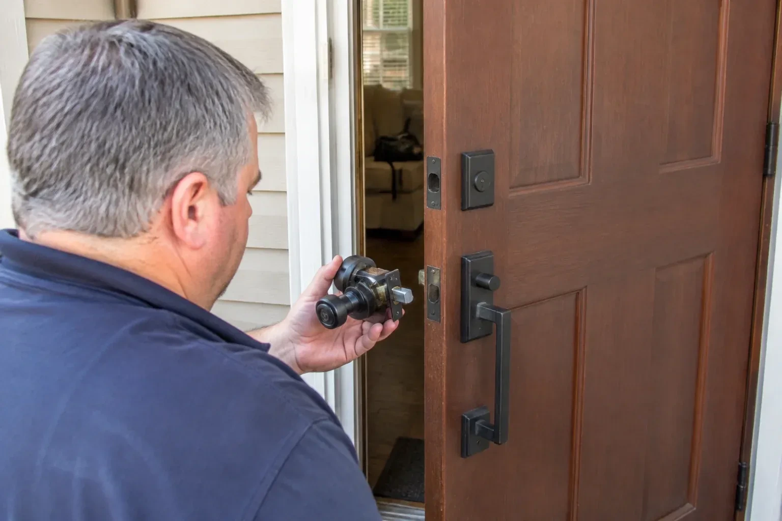 Person holding a removed black lock assembly beside a partly open brown front door with a long black pull handle. — Home Lockout Service, Georgina