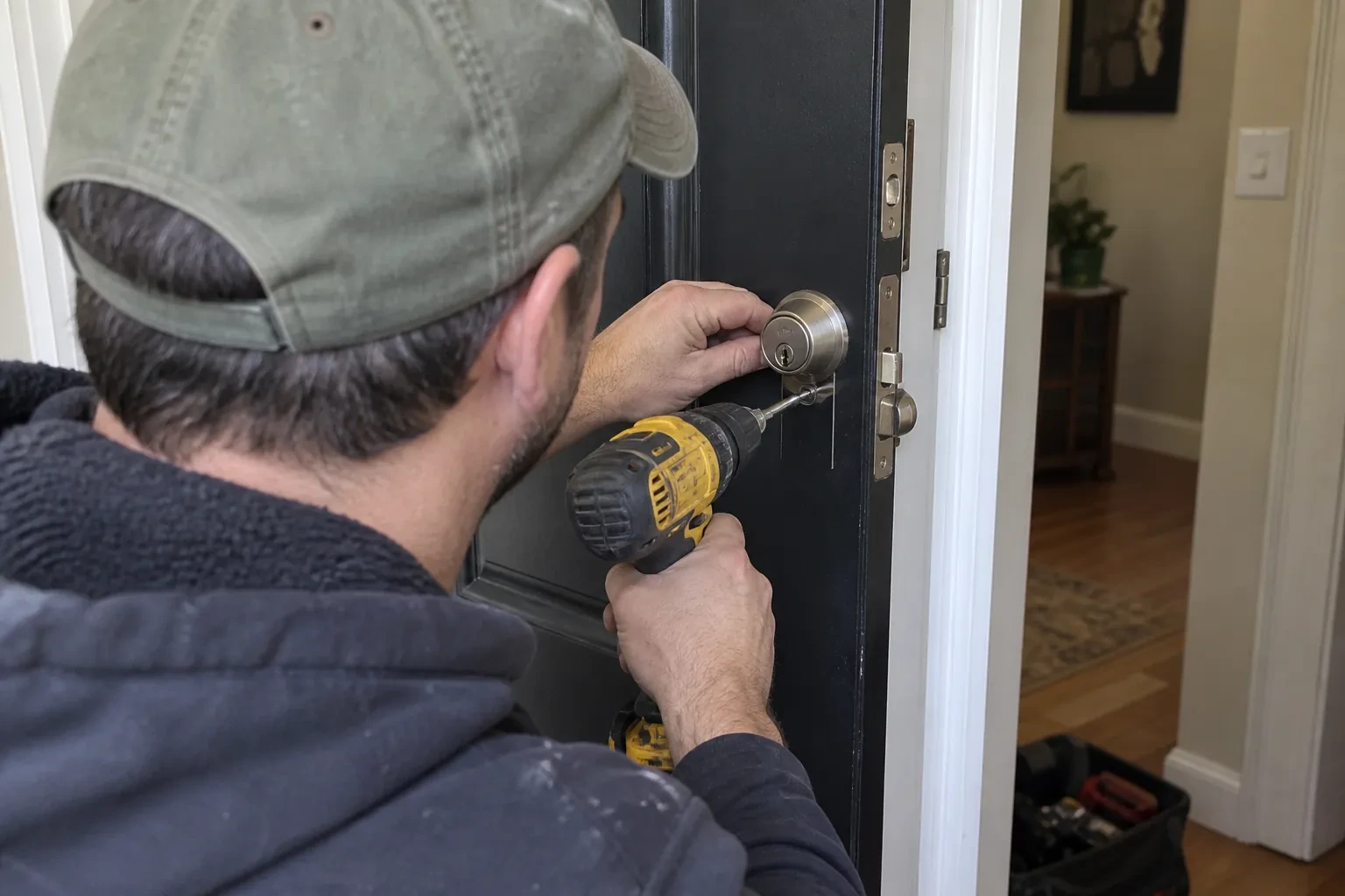 Person in a green cap holding a brushed-metal deadbolt against a dark door while a yellow drill rests below it.