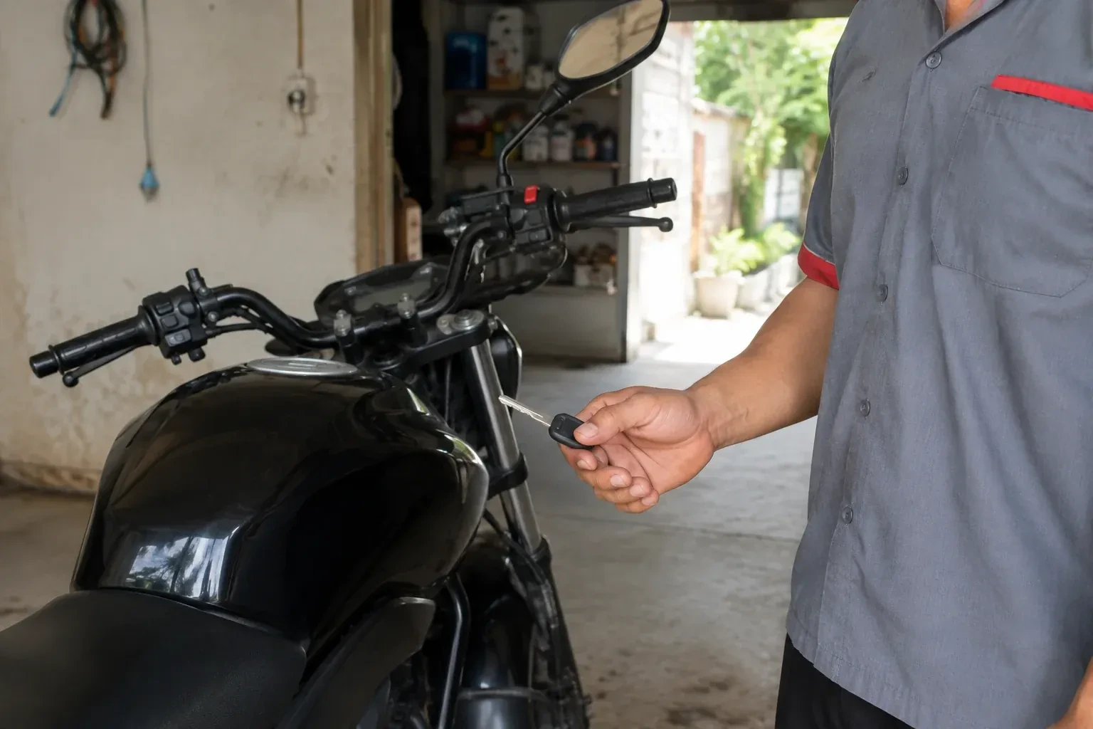 Technician holding a black-headed key beside a parked motorcycle. — Motorcycle & Scooter Keys, Georgina