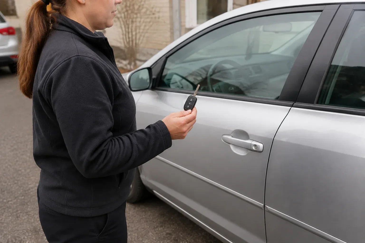 Technician holding a remote key with an extended blade beside a silver car. — Car Key Replacement, Georgina