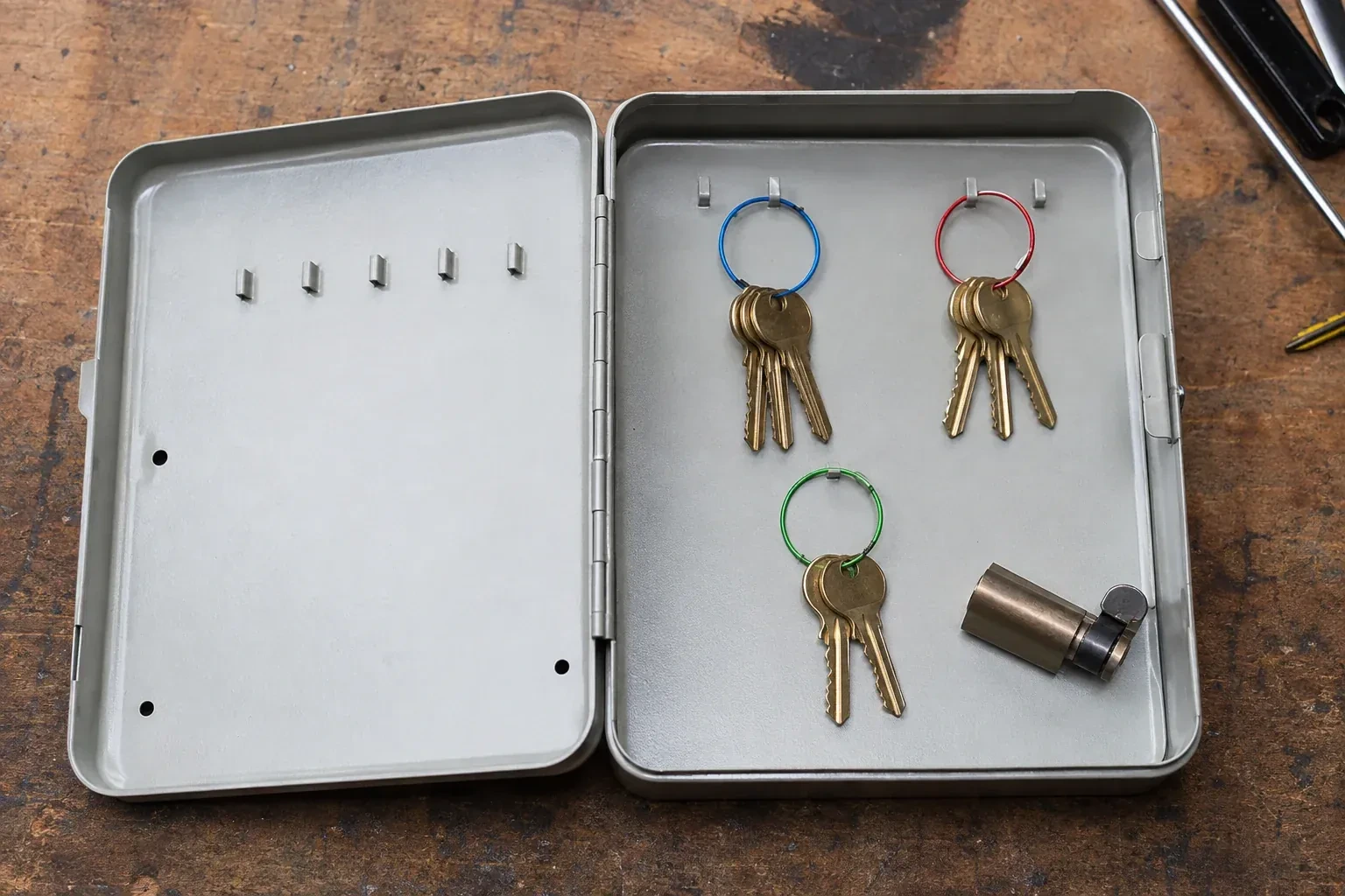 Three groups of keys on colored rings in an open metal key cabinet. — Master Key System Design, Georgina