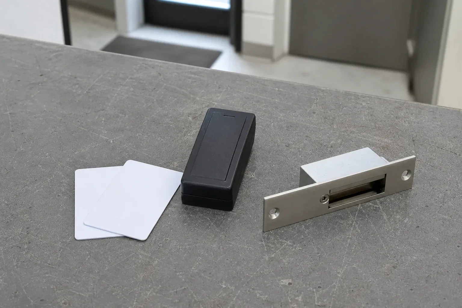 Detached card reader, two plain cards and an electric-strike component on a service bench. — Access Control Installation, Georgina