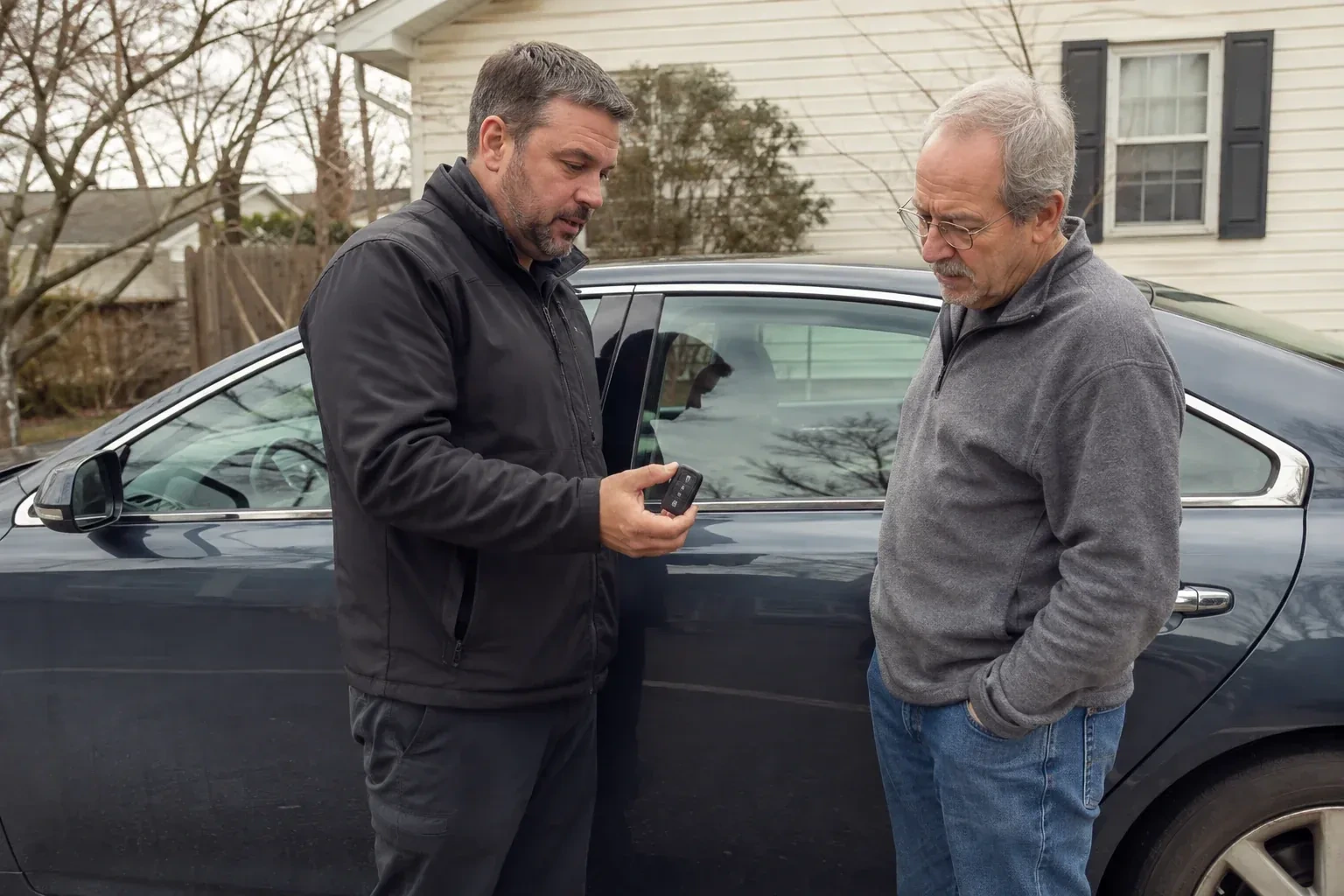 Two people beside a dark sedan, one holding up a black key fob. — Car Lockout Service, Georgina